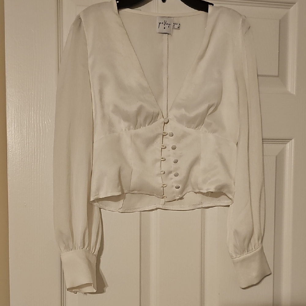 Polly  Cream Satin V-Neck Button-Front Blouse